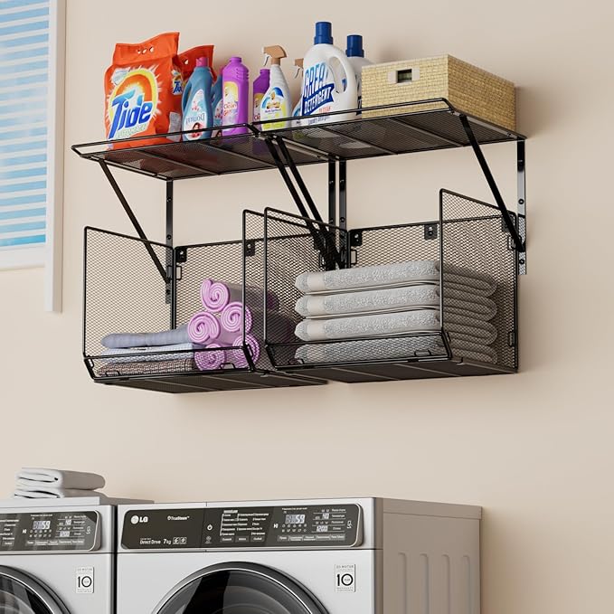 2 Pack Laundry Room Shelves Organization and Storage,Wall Mounted Clothes Drying Rack with Wire Mesh Basket Over Washer and D