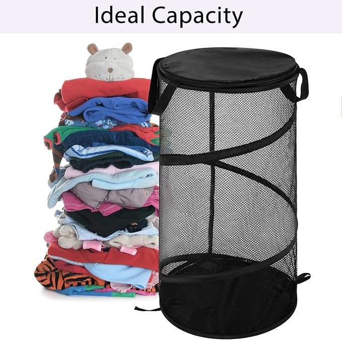 BATTOO Collapsible Laundry Basket with Lid Foldable Mesh Pop Up Hamper with Handles for Laundry Room, Bathroom, Kids Room, Co