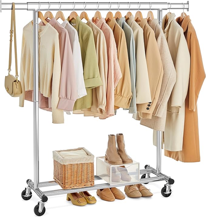 SONGMICS Clothes Rack with Wheels, Heavy-Duty Clothing Rack for Hanging Clothes, Portable, 17.7 x (36.2-52) x 63.6 Inches, wi