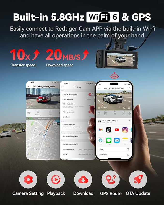 REDTIGER 4K Dash Cam Front and Rear, STARVIS 2 Sensor, 64GB Card Included, 4K/2.5K+1080P Dual Dash Camera for Cars Built-in W