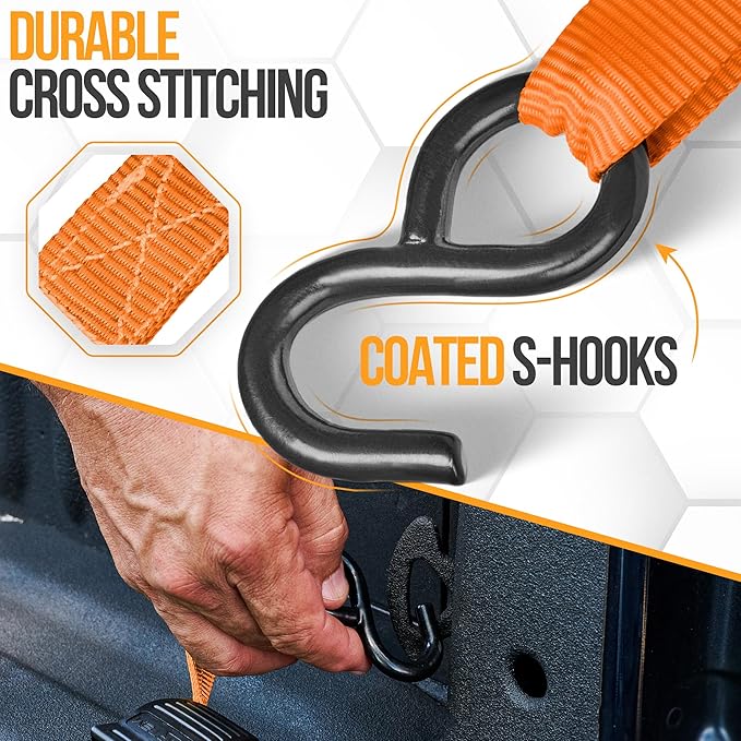 FORTEM Ratchet Straps, Tie Down Strap Set 1650lb Break Strength, 4 Pack 15ft x 1in, 4 Soft Loops, Moving Straps Tie Downs, Cargo Cam Buckles for Trucks, Carry Bag, for Men