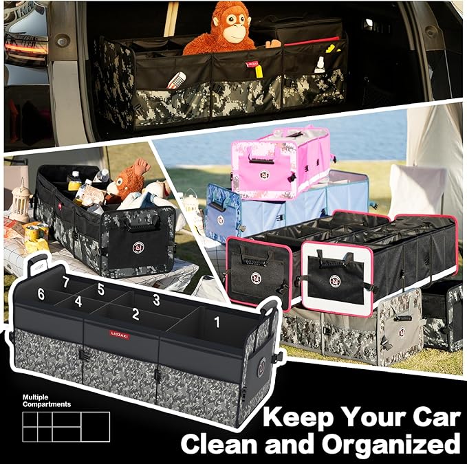 LIBZAKI Car Trunk Organizer,3 Compartments Big Trunk Storage, Large Capacity, Foldable, 95L Heavy Duty Storage Box for Car,