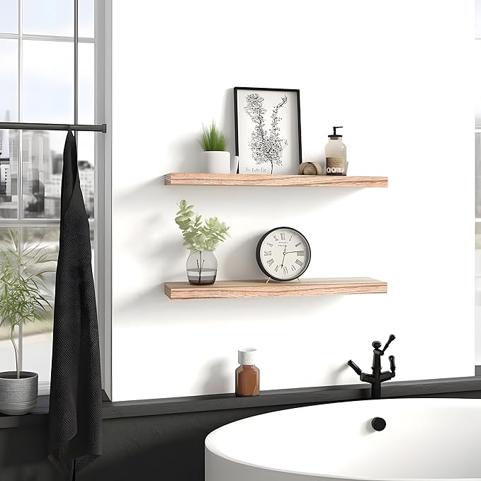 PHPH 24 Inch Wood Floating Shelves for Wall, Wooden Wall Shelves for Bedroom, Set of 4 Light Brown