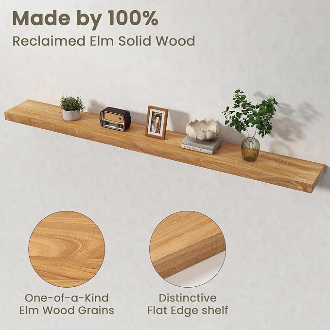 Fun Memories Solid Elm Wood Floating Shelves Set of 1-72 Inch Rustic Wall Shelves with Heavy-Duty Invisible Brackets - for Li