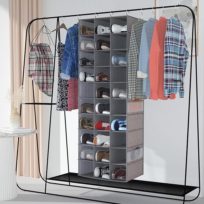coastal rose Hanging Shoe Organizer, 30 Sections Hanging Shoe Organizer for Closet with 6 Mesh Pockets, Space Saving Hanging 