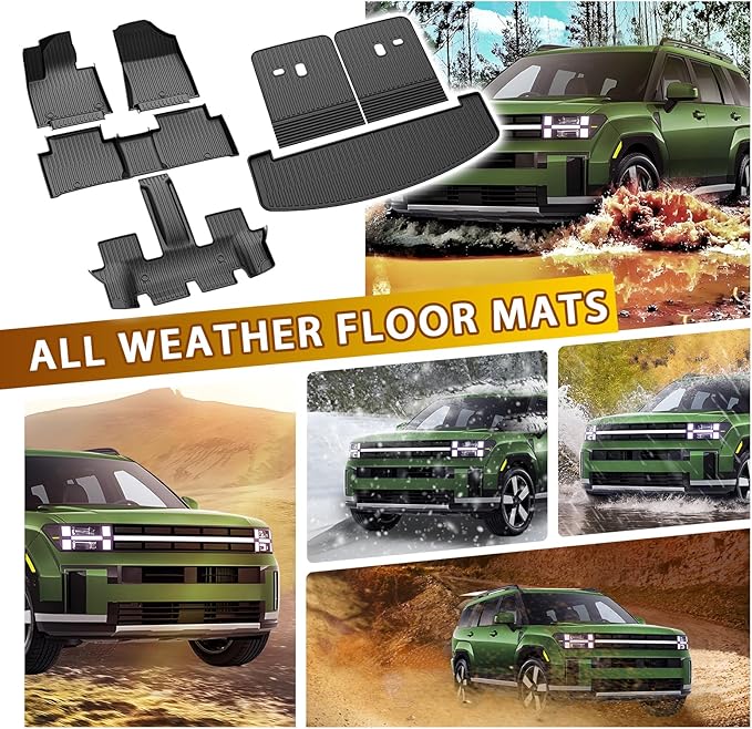 Powerty Floor Car Mat for Hyundai Santa Fe 2024 2025 2026, All Weather TPE Custom Trunk Cargo Mat Liner with Backrest Mat Replacement for Hyundai Santa Fe 6/7-seater Accessories (Include Hybrid&Gas)