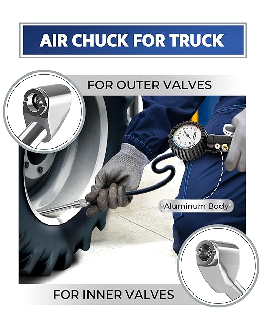 Tire Inflator with Pressure Gauge and Longer Hose - Most Accurate, Heavy Duty Air Chuck with Gauge for Air Compressor Tire Inflator Attachment - 100PSI