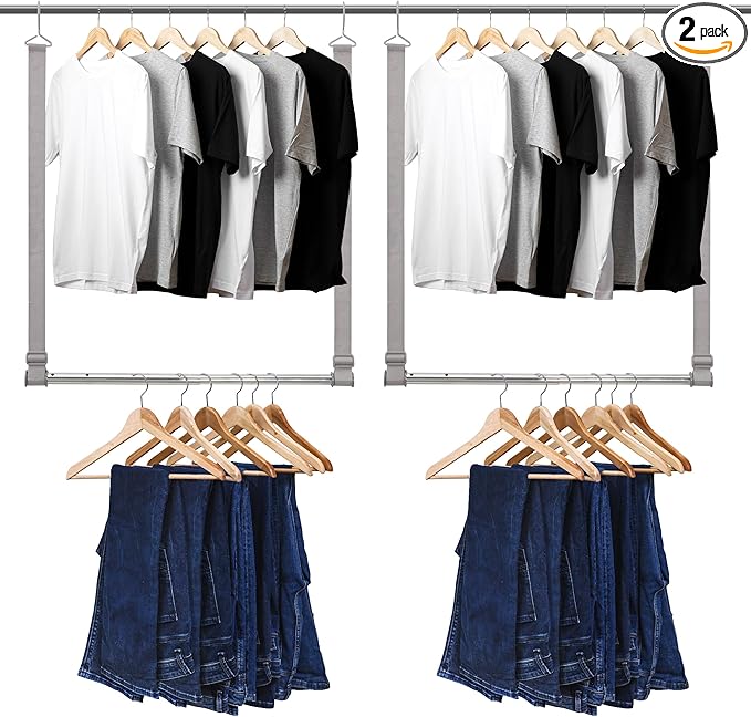Hanging Closet Rod, 17-28In Width and Up to 32In Height Closet Extender, Double Hanging Bar with Powder-Coated Metal Pole and
