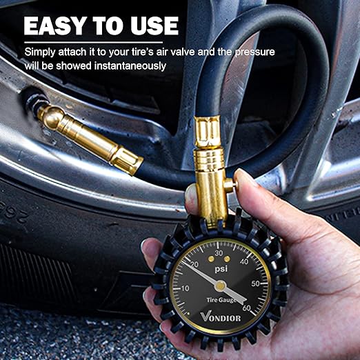 Vondior Tire Pressure Gauge with Tube (0-60 PSI), Air Pressure Gauge Certified ANSI Accurate with Large Easy to Read Glow Dial, Tire Pressure Gauge for Car Trucks Bicycle Tires