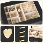 Kendal Jewelry Box, 5-Layer Jewelry Organizer Box with Glass Lid, Black, Heart Shaped PU Leather, Storage Box for Necklace Ea