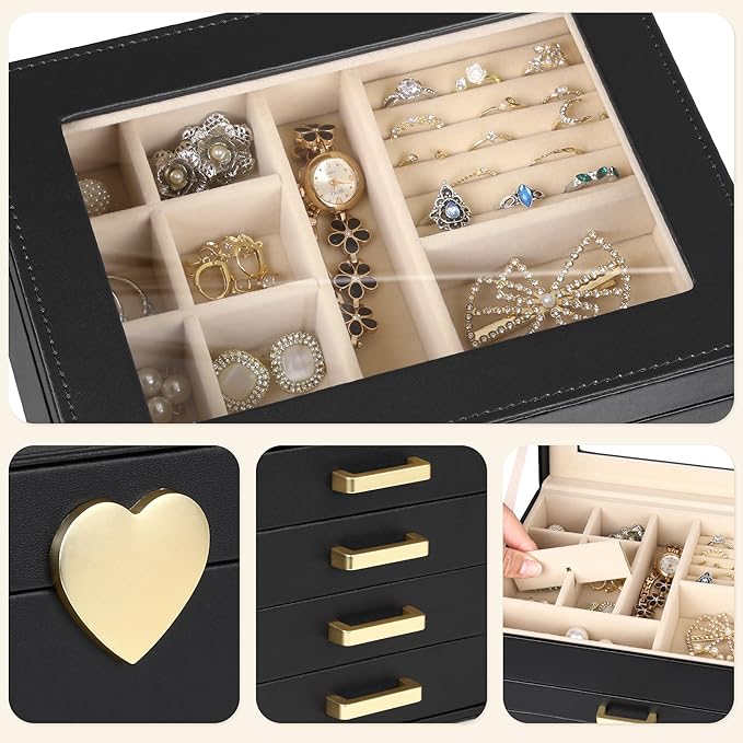 Kendal Jewelry Box, 5-Layer Jewelry Organizer Box with Glass Lid, Black, Heart Shaped PU Leather, Storage Box for Necklace Ea