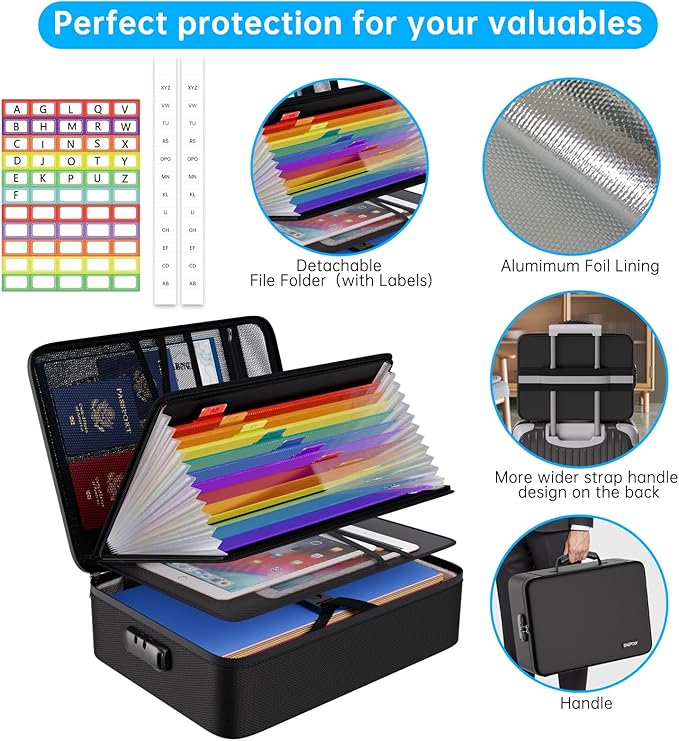 ENGPOW Fireproof File Organizer Bag with 13 Colorful Pockets Accordion File Folder,5200℉ Document Organizer Box with Lock&Lab
