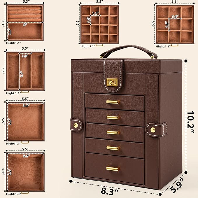 AKOZLIN Jewelry Box Organizer Functional Leather Jewelry Storage Case for Women Girls Ring Necklace Earring Bracelet Holder O
