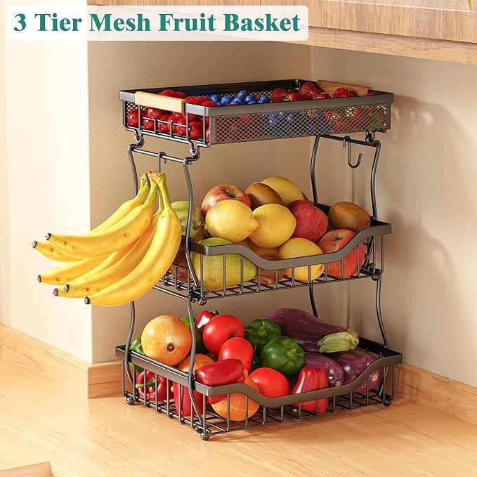 Giwil 3 Tier Countertop Fruit Mesh Basket for Kitchen, Vegetable Storage Bread Fruit Bowl Stand with 2 Banana Hooks, Wall Mou