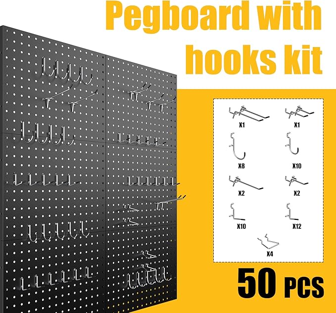 Spampur Peg Board, 6 Pack Metal Pegboard Panels Black Pegboards Wall Organizer with 50 Hooks, Heavy Duty Peg Board for Walls 