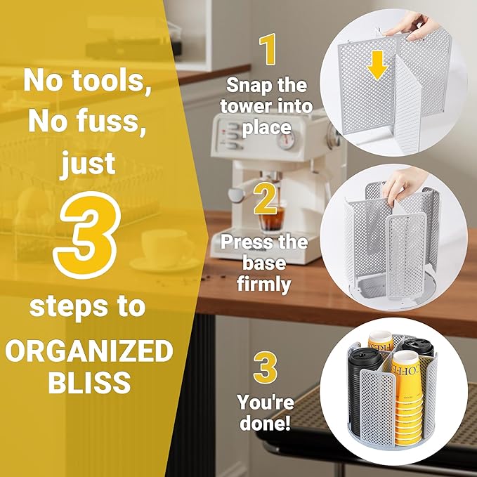 4-Compartment Rotating Paper Cup Holder & Coffee Cup Lid Storage Dispenser, Plastic Cup Dispenser Removable, Space-Saving Cou
