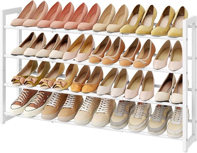 FAVOOSTY 4-Tier Expandable Shoe Rack, Adjustable Shoe Shelf Storage Organizer Space Saving Metal Free Standing Shoe Rack for 