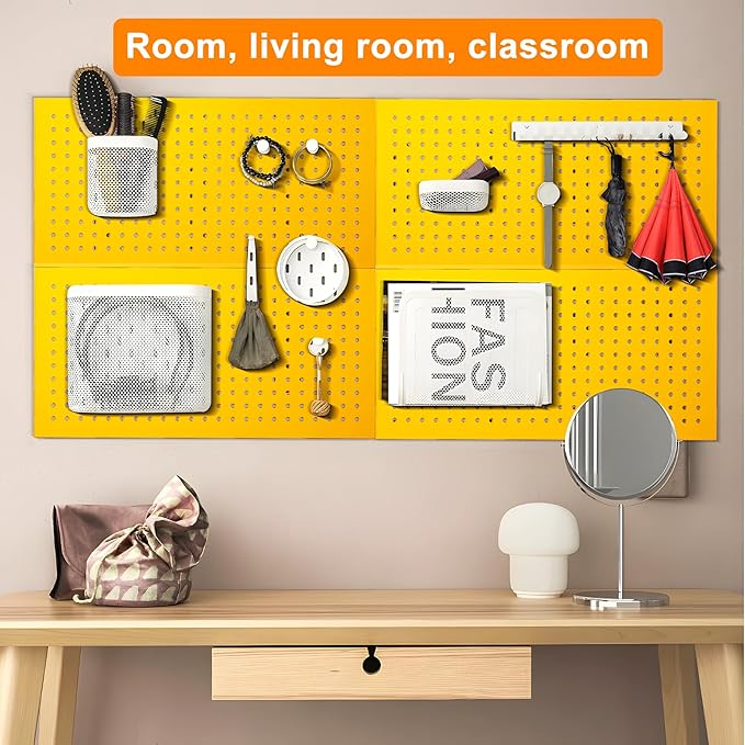 Metal Peg Board Panels for Workbench, Shop, Shed Modular Peg Board Organizer Board Kit, pegboard Wall Organizer(4 Pack, Yello