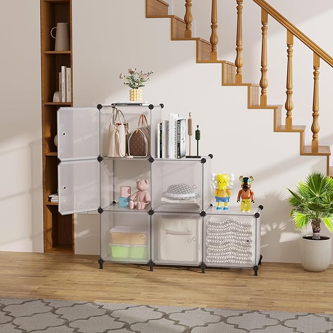 Cube Storage Organizer, 6-Cube Shelves Unit with Doors, DIY Stackable Plastic Clothes Organizer for Bedroom and Under Stairs 