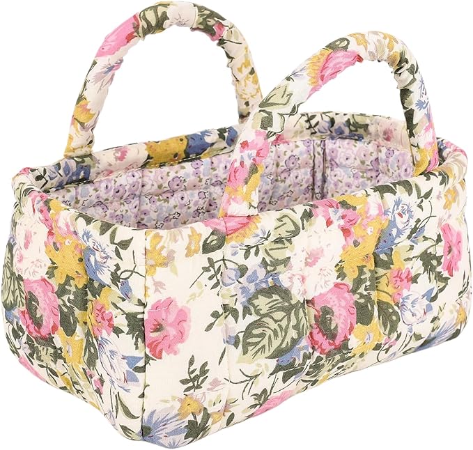 Small Storage Basket Organizer, Mini Fabric Floral Storage Baskets with Handle, Quilted Portable Collapsible Storage (C)