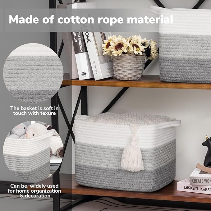 Goodpick Woven Storage Basket, Closet Storage Bins for Books, Towels, Cotton Rope Organizer with Handles, Square Toy Gift Bas