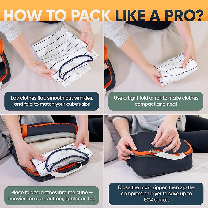 TRIPPED XL Compression Packing Cubes — 7-Piece Set for Checked Luggage | Extra-Large (15.7"×11"×4") + Large + Small + Tube + 