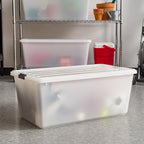 IRIS USA 91 Qt Stackable Plastic Storage Bins with Lids, 4 Pack - BPA-Free, Discreet Organizing Solution, Latches, Durable Ne
