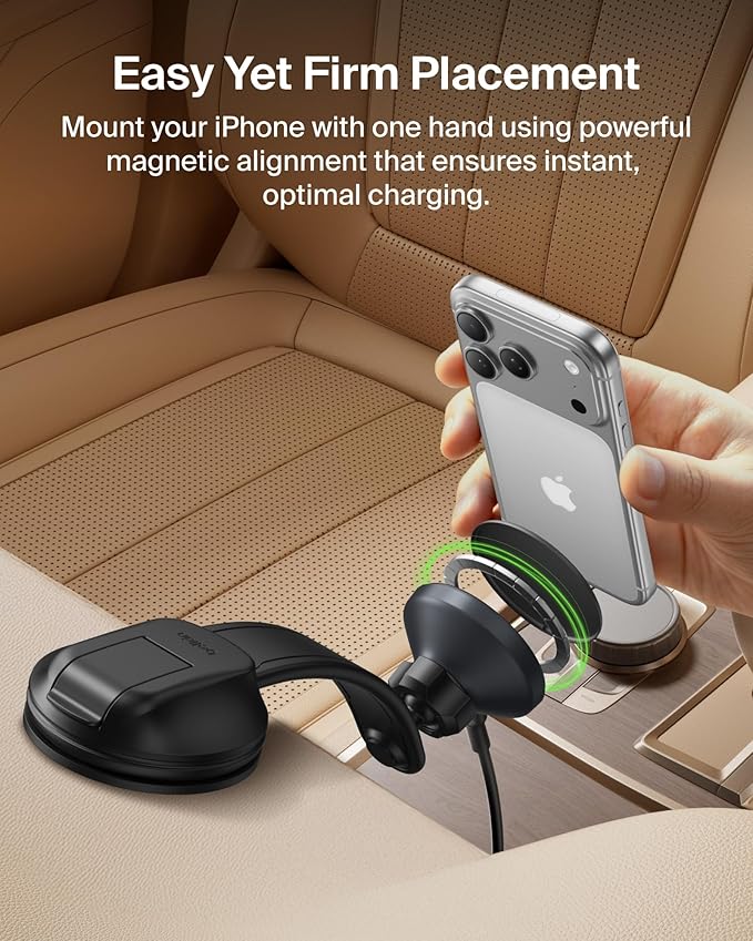 Belkin Wireless Car Charger, MagSafe Phone Holder & Car Dash Mount w/ 1M USB C Cable, Qi2 MagSafe Compatible Fast Charging iPhone Charger for iPhone 17, Galaxy S25, Pixel 10, Road Travelers, Black
