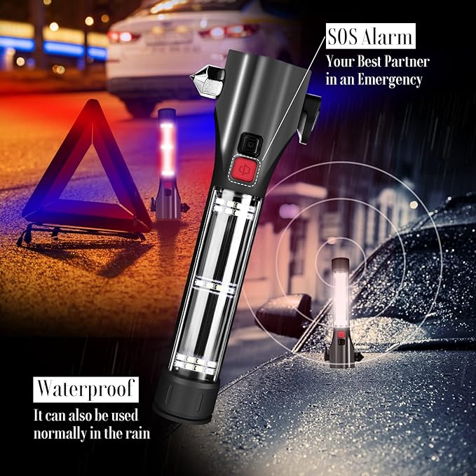 Solar Powered Car Safety Hammer Flashlight with Seatbelt Cutter, LED High Lumens, Red and Blue SOS Flashing, USB Charging, Ma