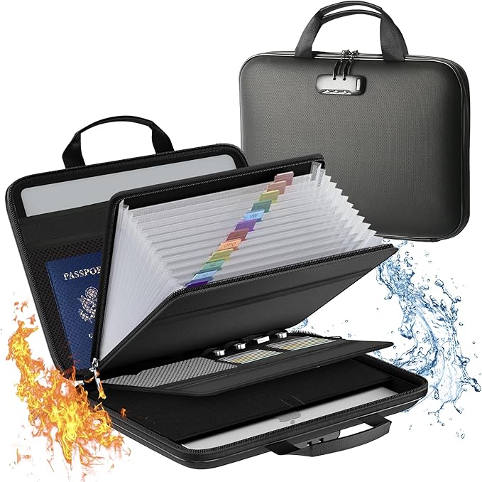Fireproof Document File Organizer Bag, Black 5200°F Portable File Organizer Handbag With Lock,Hard Case Fireproof Waterproof 