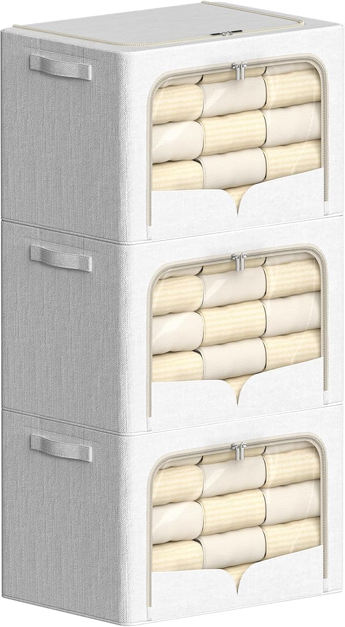 FHSQX 3 Pack Clothes Storage Bins Foldable Metal Frame Storage Box Stackable Linen Fabric Container Organizer Set with Carryi