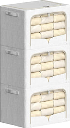 FHSQX 3 Pack Clothes Storage Bins Foldable Metal Frame Storage Box Stackable Linen Fabric Container Organizer Set with Carryi