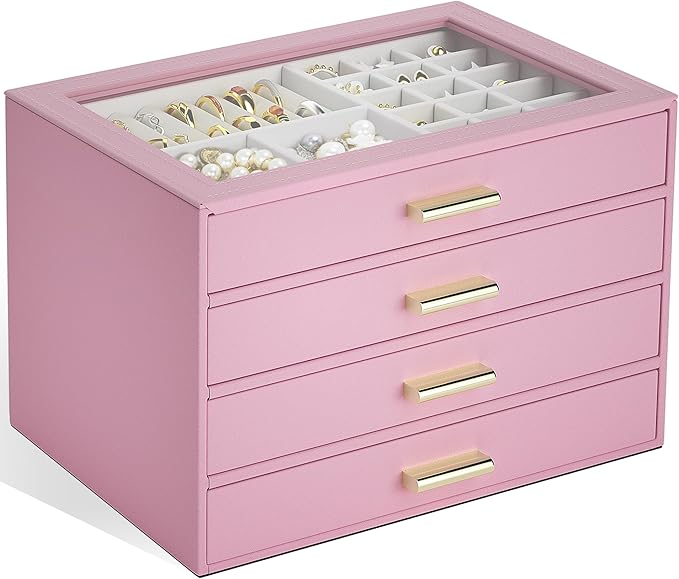 AKOZLIN Jewelry Box with Clear Lid Functional Leather Jewelry Storage Organizer Case 4 Drawers for Women Girls Necklace Ring 