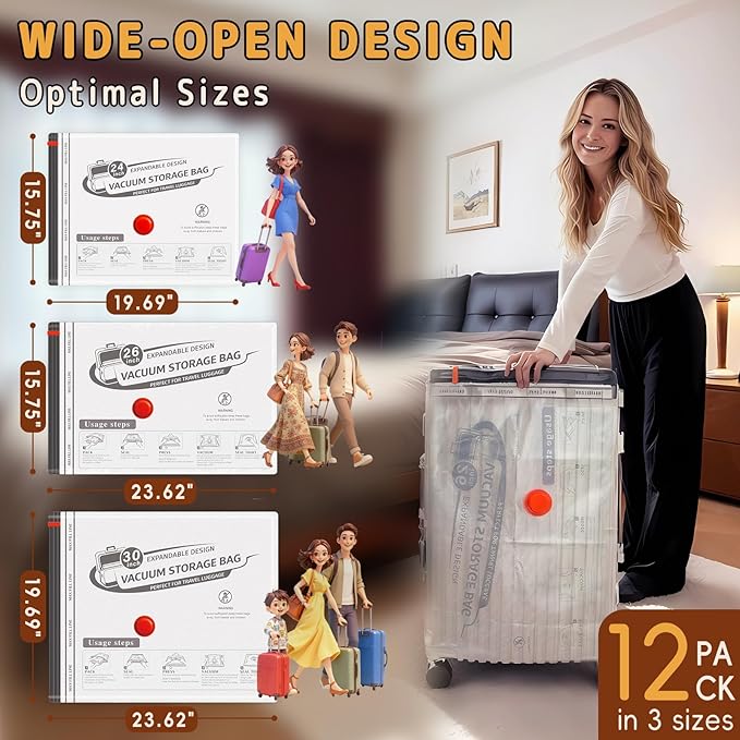 Travel Vacuum Bags with Wireless Rechargeable Pump, Vacuum Seal Bags for Clothing, Compression Space Saver for Luggage & Suit