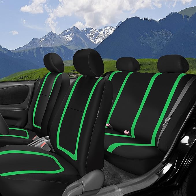 FH Group Unique Flat Cloth Full Set Car Seat Covers w. Silicone Steering Wheel Cover- Universal Fit for Most Cars, Trucks, SUVs or Vans (Green/Black)