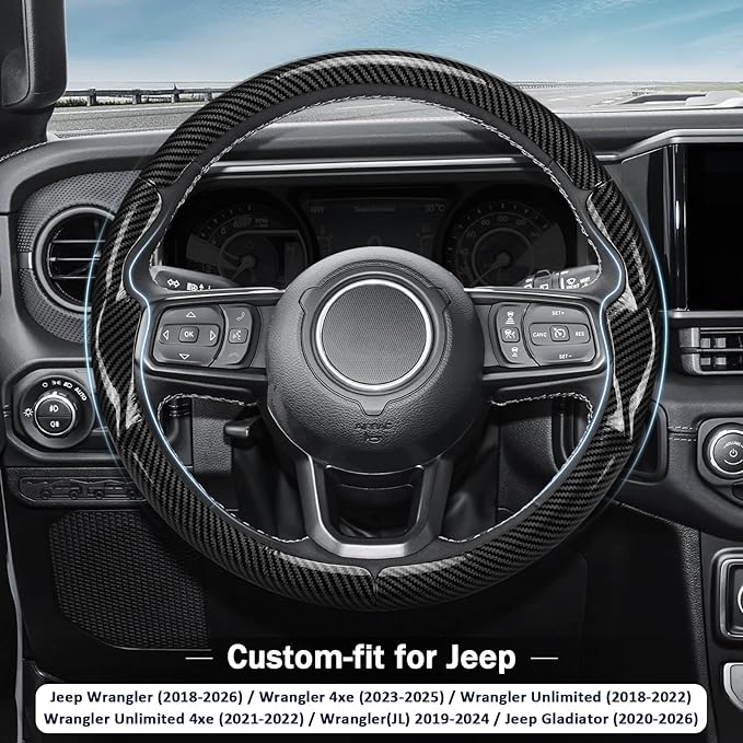 3-Piece Carbon Fiber Steering Wheel Cover, Custom Fit for Jeep Wrangler 2018-2026 Gladiator 2020-2026,Quick Install Ultra-Thin & Non-Slip,Interior Car Accessories for Men Women(Gloss Black)