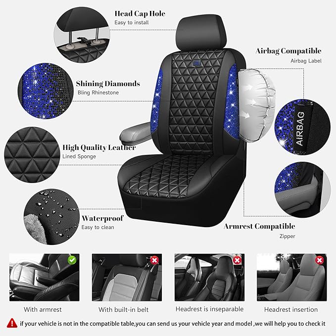 CAR PASS Bling Diamond Black Leather Car Seat Covers Full Set Interior Sets, Waterproof Shining Glitter Sparkly Crystal Unive