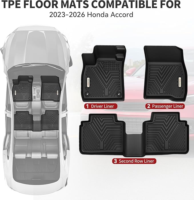 YITAMOTOR Floor Mats Compatible with Honda Accord 2023 2024 2025 2026 (Gasoline & Hybrid), All-Weather Custom Fit Car TPE Floor Mats & Cargo Trunk Liners Accessories, 1st & 2nd Row, Black