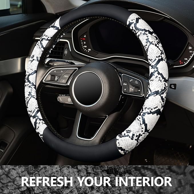 ZHOL Snake Skin Steering Wheel Cover, Universal 14.5-15 inch Breathable Microfiber Leather Anti-Slip Car Steering Wheel Prote