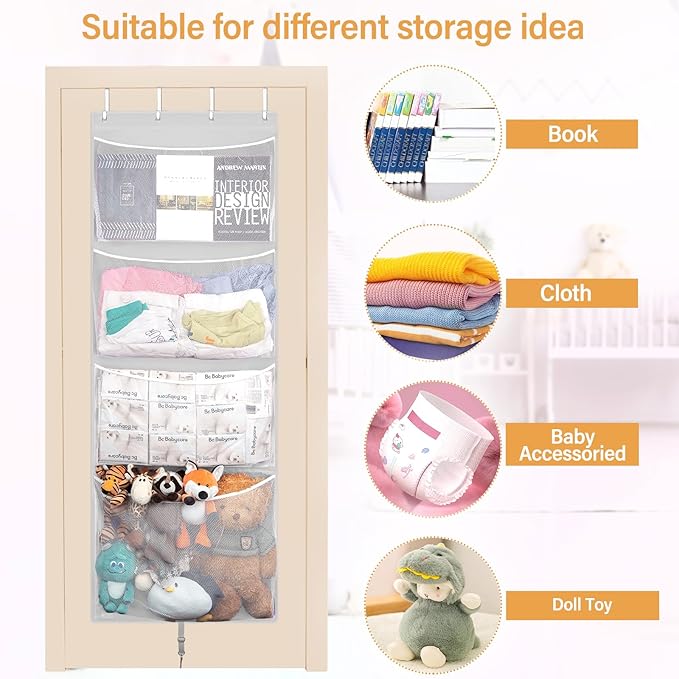 Woodoulogy Hanging Stuffed Animal Storage, Over Door Large Plush Toy Organizer with Metal Hook, Baby Accessory Holder Idea fo