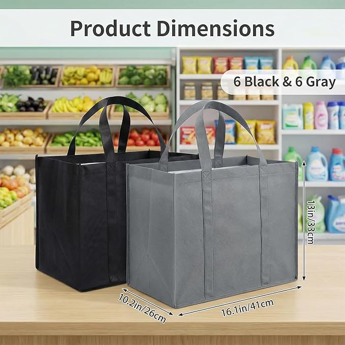 12 Pack Reusable Grocery Bags, Large Foldable Shopping Bags with Reinforced Handles, Heavy Duty Tote Bags for Grocery Shopping, Washable Storage Bags, Grey & Black | Large, Foldable, Reinforced Handles, Heavy Duty, Washable, Storage