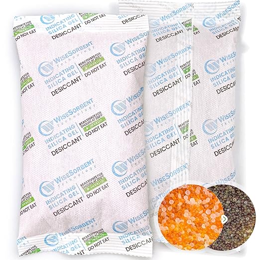 200 Gram [100 Packs] Silica Gel Desiccant Packets with Orange Indicating Beads, Rechargeable Silica Packs, Moisture