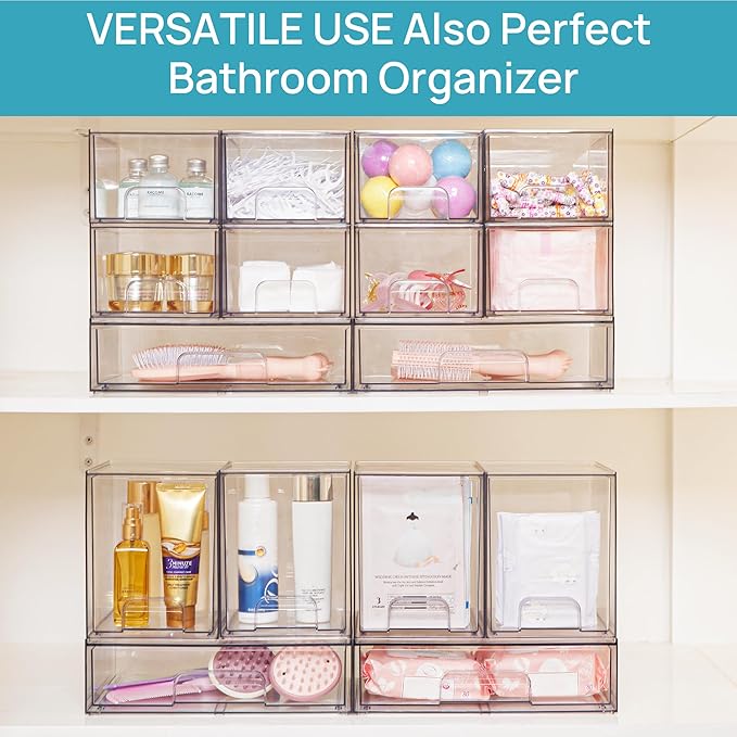 Vtopmart 7.6" H Clear Stackable Storage Drawers, 4 Pack Plastic Organizers Bins for Skincare, Cosmetics,Beauty Supplies,Ideal