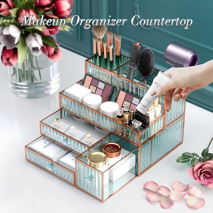 Makeup Organizer Countertop - Tempered Glass Vanity Organizer for Cosmetics, Skincare, Hair Tools, Brushes, Perfume - Multipu