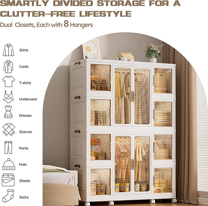 Montary Portable Kids Closet, Children's Wardrobe Closet with Transparent Doors, Plastic Baby Wardrobe Storage Cabinet with 1