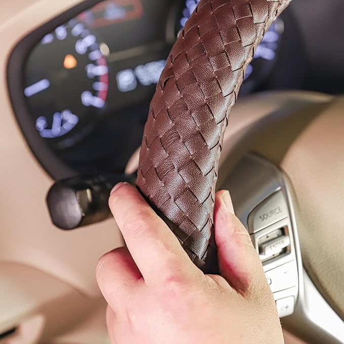 Carwales Elegant Men Steering Wheel Cover Leather for Car Hand-Made Wheel Wrap Hand Woven Universal 14.5-15 Inch Brown