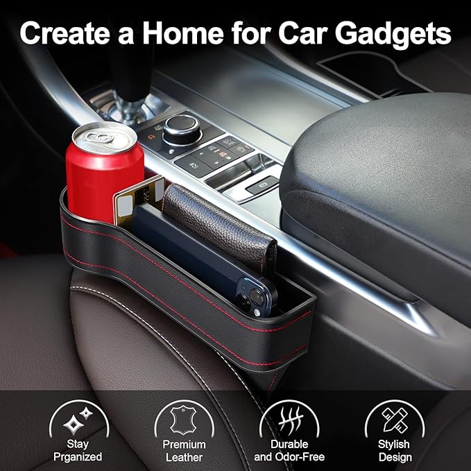 Car Seat Gap Filler, Car Seat Organizer with Cup Holder, Car Seat Gap Filler Organizer with 2 Seat Back Hooks for Phones, Keys, Cards, Canned Drinks, Ideal for Car storage Box - 2 Pack