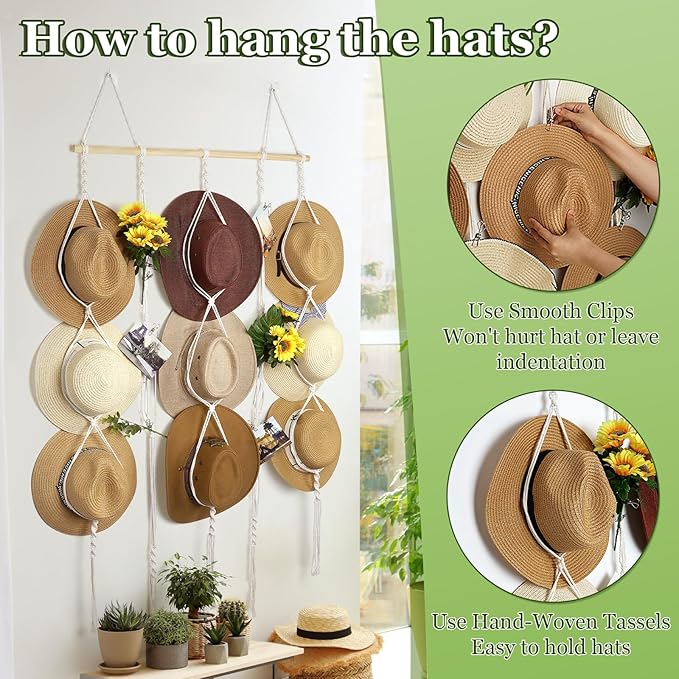 Macrame Hat Rack for Wall 31x66 in Hat Organizer with 15 Clips Hanging Hat Hanger Holder for Women Wide Brimmed Hat Storage f