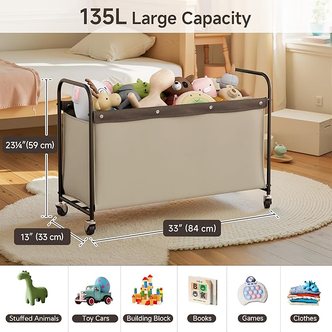 StorageWorks Toy Box with Wheels for Kids, 135L Large Toy Storage Chest and Organizer, 23" Metal Toybox with 360° Swivel Whee