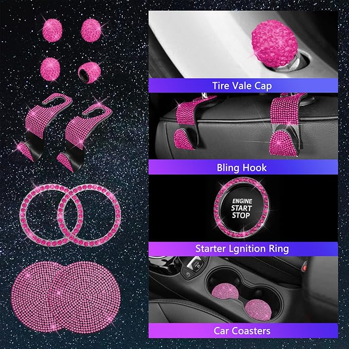 25PCS Bling Car Car Accessories Set,15 Inch Steering Wheel Cover,Shiny License Plate Frame,Center Console Cover and Rearview Mirror Set and Other Car Accessories(Rose Pink)